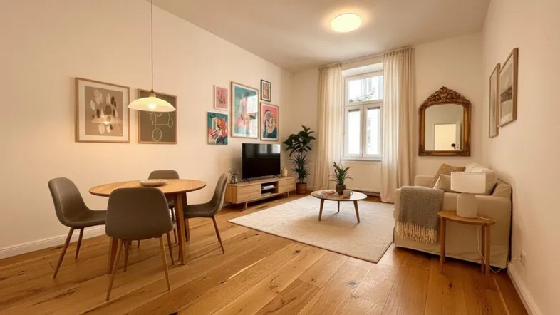 Helles Wohn- und Esszimmer mit Holzboden, modernen Möbeln und farbenfrohen Kunstwerken an der Wand.