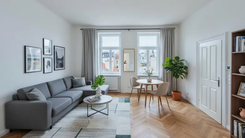 Helles Wohnzimmer mit Fischgrätparkett, grauem Ecksofa und kleinem Essbereich am Fenster.