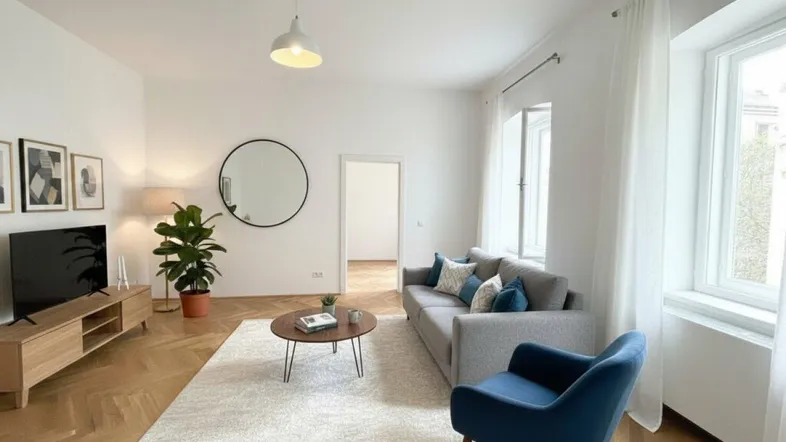 Helles Wohnzimmer mit modernem Mobiliar, Fischgrätparkett und einem großen Spiegel.