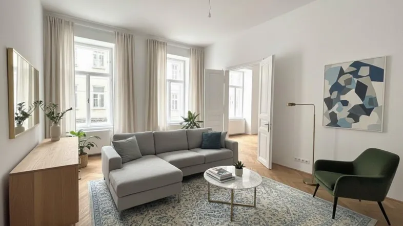Helles Wohnzimmer mit modernem Sofa, Teppich und Fischgrätparkett, durch hohe Fenster lichtdurchflutet.
