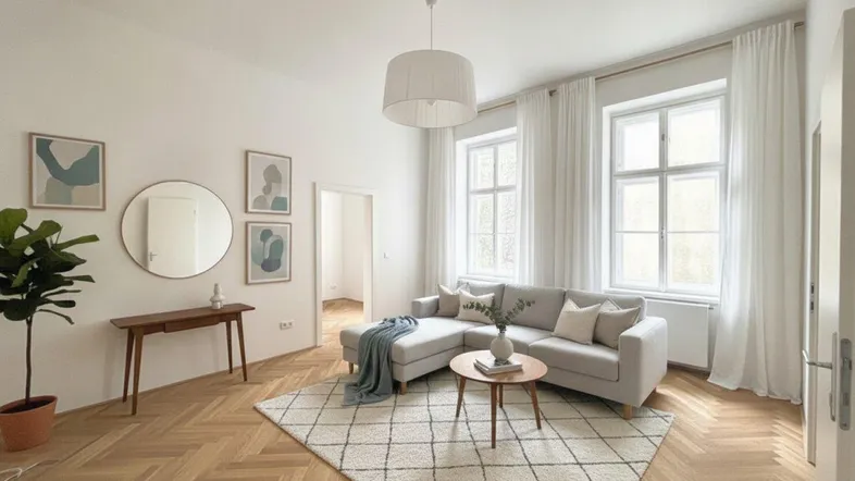 Helles Wohnzimmer mit modernem Sofa, Teppich und elegantem Fischgrätparkett.