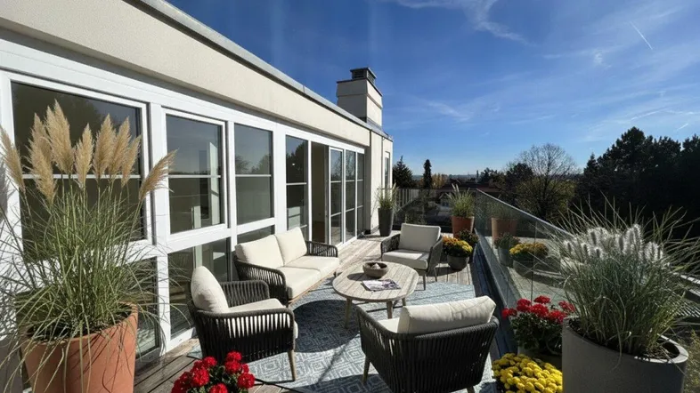 Möblierte Dachterrasse mit Holzboden, Pflanzen und Sitzgelegenheiten unter blauem Himmel.