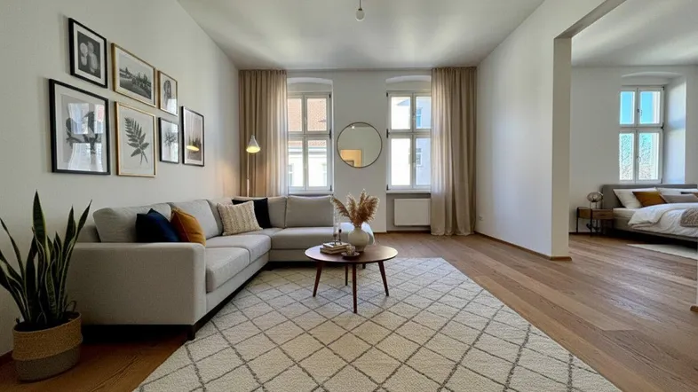 Helles Wohnzimmer mit Ecksofa, Holzboden und Blick in ein angrenzendes Schlafzimmer.