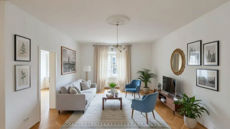 Helles Wohnzimmer mit Fischgrätparkett, Stuckdecke und moderner Einrichtung.