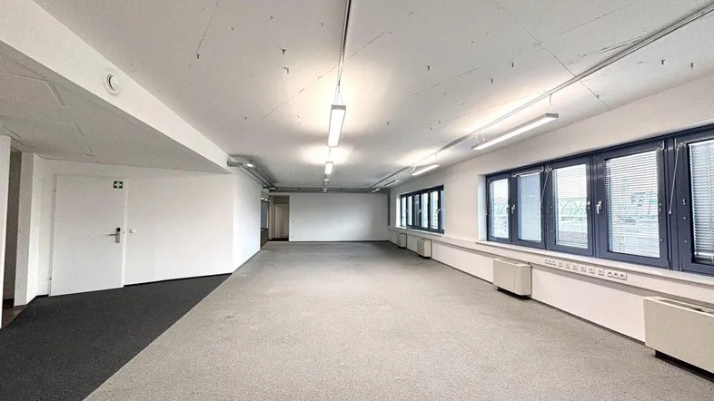 Großes, leeres Büro mit grauem Teppichboden, weißen Wänden und vielen Fenstern, die viel Tageslicht hereinlassen.