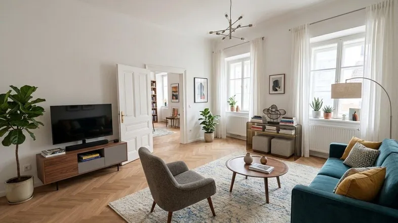 Helles Wohnzimmer mit Fischgrätparkett, modernen Möbeln und Blick in einen weiteren Raum.