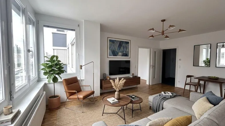 Modern eingerichtetes Wohnzimmer mit großen Fenstern, Parkettboden und gemütlicher Sitzecke.