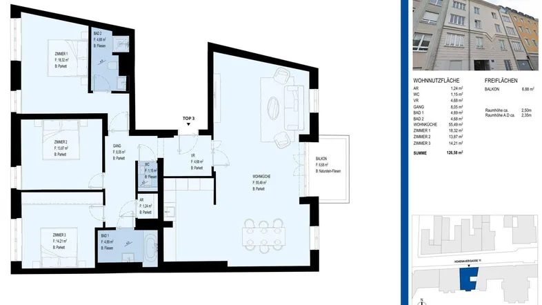 Grundriss der Wohnung mit drei Schlafzimmern, zwei Bädern und einem Balkon.