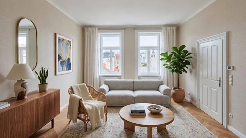 Helles Wohnzimmer mit beigefarbenen Wänden, Fischgrätparkett und modernen Möbeln.