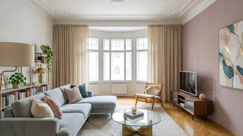 Helles Wohnzimmer mit Fischgrätparkett, Erkerfenster und moderner Einrichtung in Pastelltönen.