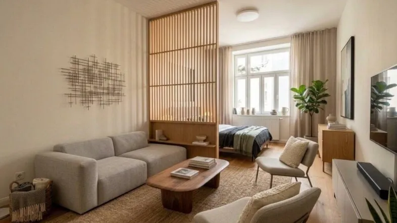 Helles Wohnzimmer mit moderner Einrichtung, Holzboden und einem durch eine Holzlamellenwand abgetrennten Schlafbereich.