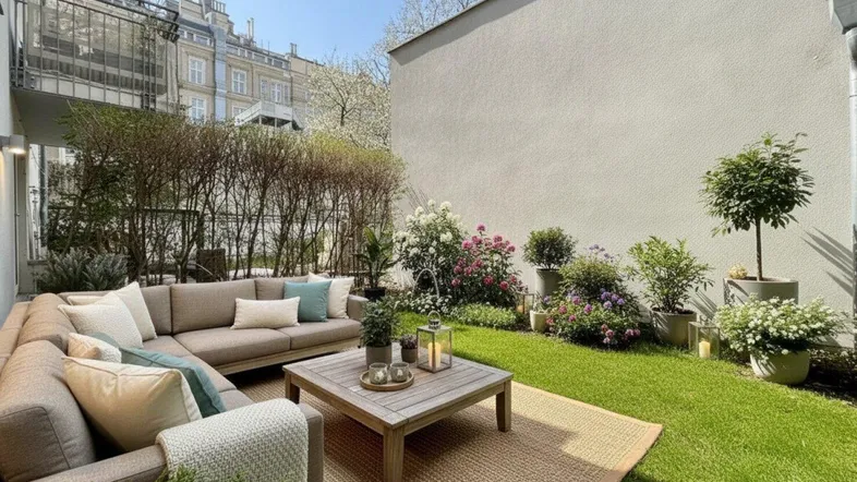 Gemütlicher Gartenbereich mit bequemer Lounge-Sitzgruppe, Rasenfläche und blühenden Pflanzen unter blauem Himmel.