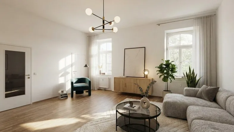 Helles, modern eingerichtetes Wohnzimmer mit Holzboden und großen Fenstern.