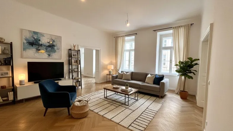 Helles Wohnzimmer mit Fischgrätparkett, modernem Sofa und stilvoller Dekoration.