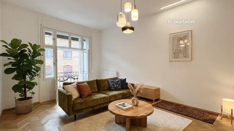 Helles Wohnzimmer mit grünem Sofa, Holztisch und Zugang zu einem kleinen Balkon.