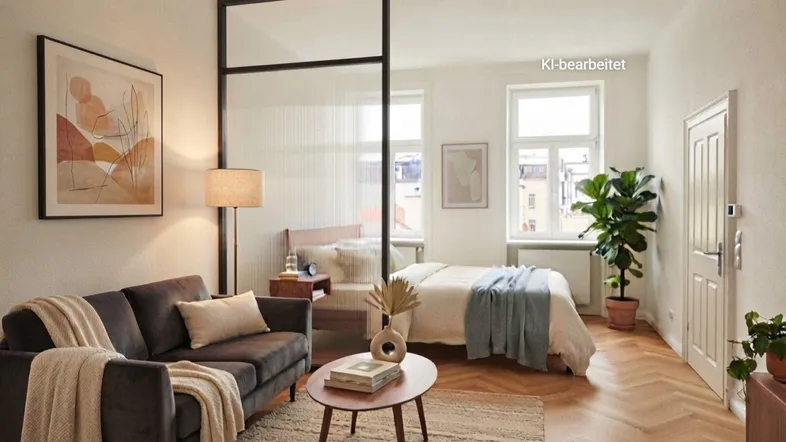 Helles Studio-Apartment mit modernem Design, Fischgrätparkett und einer eleganten Glasabtrennung zum Schlafbereich.