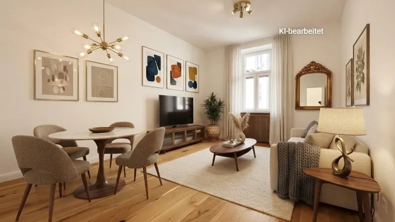 Modern eingerichteter Wohn- und Essbereich mit Holzboden, stilvoller Beleuchtung und Kunstwerken an der Wand.