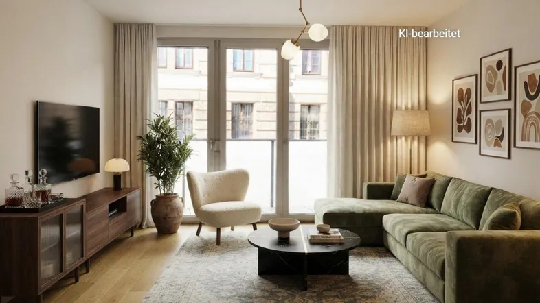 Modernes Wohnzimmer mit bequemer grüner Couch, Holzboden und Zugang zu einem Balkon.