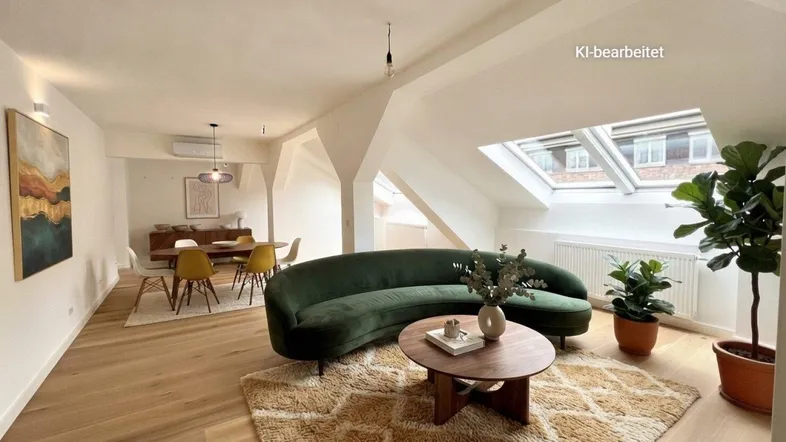 Heller Wohn- und Essbereich mit modernem Sofa, Holzboden und Dachfenstern für viel Tageslicht.