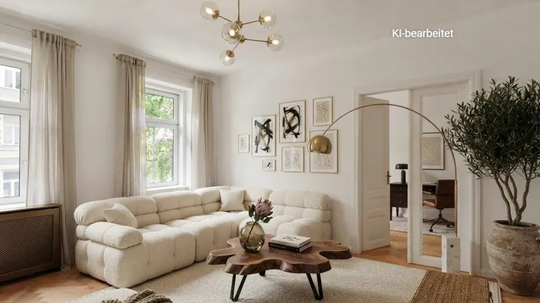Helles Wohnzimmer mit modernem Sofa, Holztisch und stilvoller Beleuchtung, künstlich inszeniert.