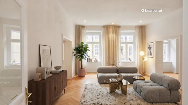 Helles Wohnzimmer mit Fischgrätparkett, modernen Möbeln und großen Fenstern, die viel Licht hereinlassen.