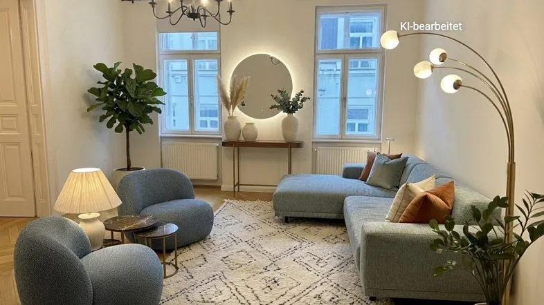 Helles Wohnzimmer mit modernem Sofa, zwei Sesseln, Parkettboden und dekorativer Beleuchtung.