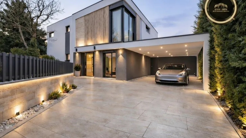 Moderne Villa mit beleuchteter Auffahrt, Carport und stilvoller Außenbeleuchtung am Abend.
