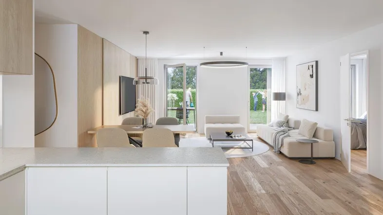Modernes, offenes Wohn-Esszimmer mit integrierter Küche, Holzboden und Zugang zum Gartenbereich.