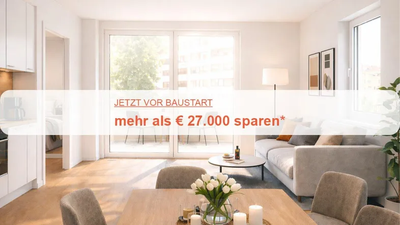 Heller, offener Wohn- und Essbereich mit integrierter moderner Küche und Zugang zum Balkon.