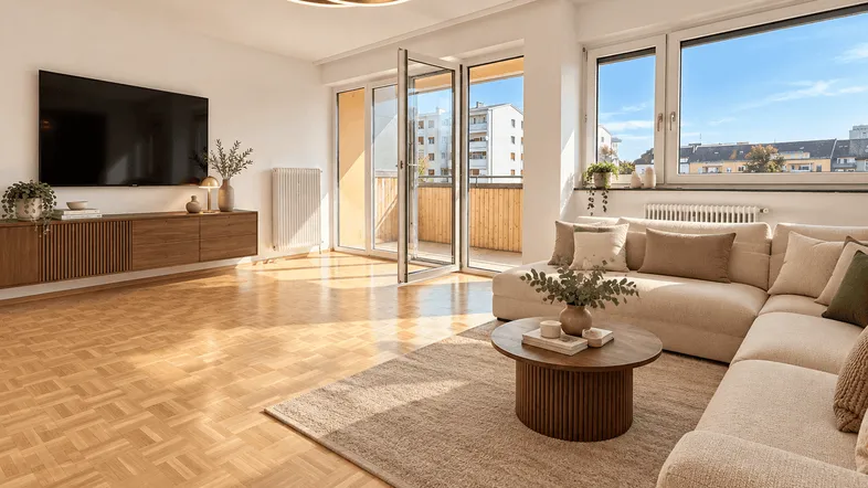 Helles Wohnzimmer mit Parkettboden, modernem Sofa und Zugang zum Balkon.