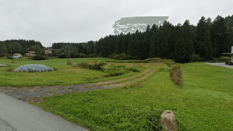 Grüne Wiesenfläche mit Waldrand im Hintergrund und einem Feldweg, der zu den entfernten Häusern führt.