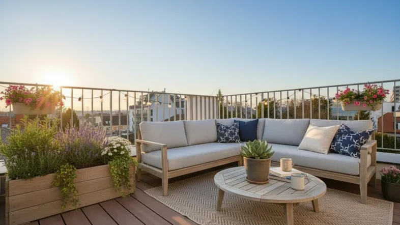 Gemütliche Dachterrasse mit bequemen Loungemöbeln, Pflanzen und Blick auf die Stadt bei Sonnenuntergang.