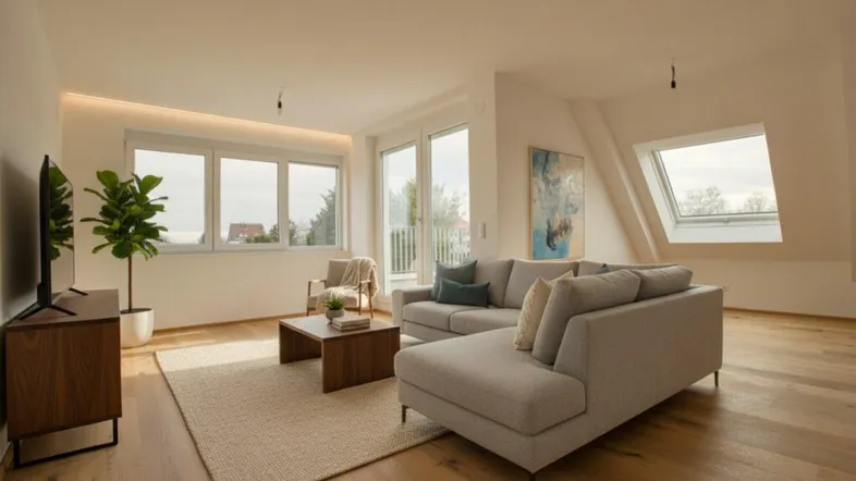 Modern eingerichteter Wohnbereich mit Holzboden, bequemer Couch und viel Tageslicht durch große Fenster.