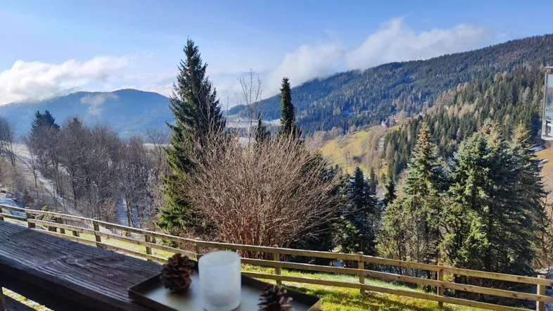 Balkon mit rustikalem Holzgeländer und weitem Blick auf die umliegende Berglandschaft.