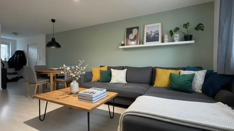 Moderner Wohn- und Essbereich mit grauem Sofa, Holztisch und grüner Akzentwand.