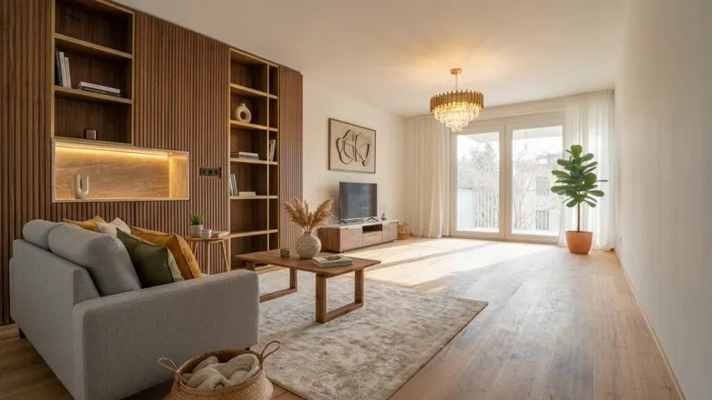 Helles Wohnzimmer mit Holzboden, modernen Einbauregalen und Zugang zum Balkon.
