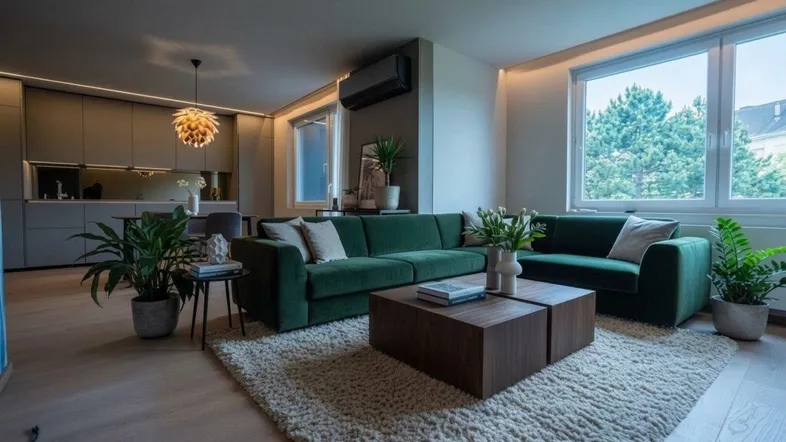 Modernes Wohnzimmer mit grünen Sofas, Holztisch und Blick ins Grüne durch große Fenster.