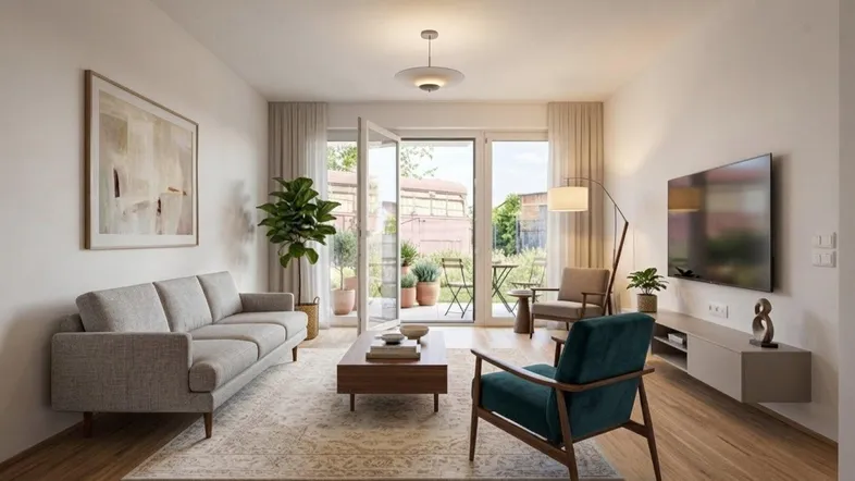 Helles Wohnzimmer mit modernem Sofa, Holzboden und Zugang zu einer Terrasse.