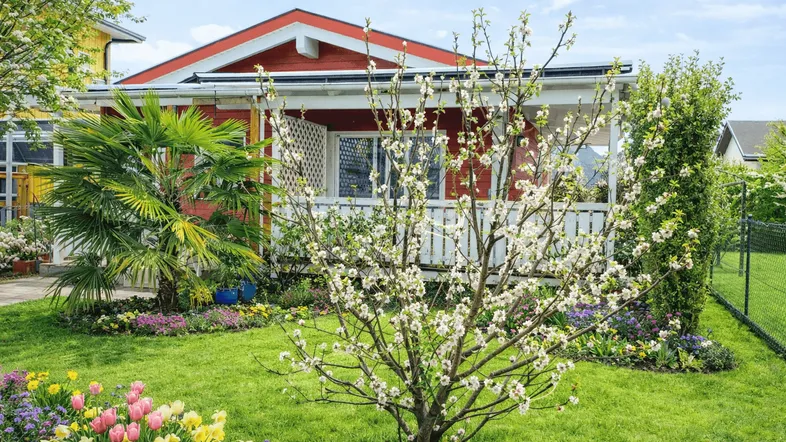 Gepflegter Garten mit blühenden Bäumen und Blumenbeeten vor einem roten Gartenhaus.