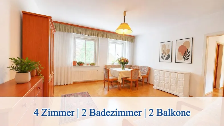 Heller Wohn- und Essbereich mit Parkettboden, großen Fenstern und traditioneller Einrichtung.