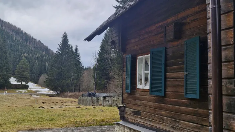 Rustikales Holzhaus mit Steinfundament und grünen Fensterläden in ländlicher Umgebung.