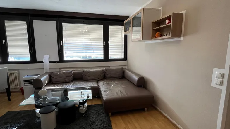 Gemütliches Wohnzimmer mit braunem Ecksofa, Holzboden und großen Fenstern für viel Tageslicht.