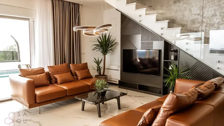 Modernes Wohnzimmer mit braunen Ledersofas, Marmorboden und Treppe mit Glasgeländer.