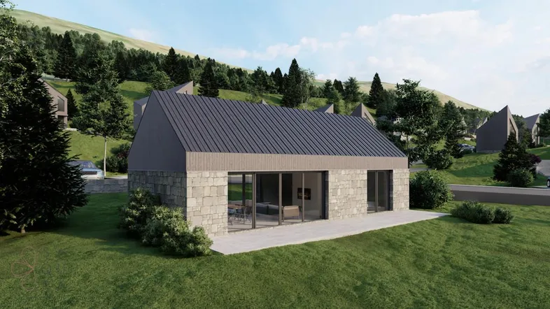 Visualisierung eines modernen Hauses mit Steinfassade und Satteldach in einer grünen Hügellandschaft.