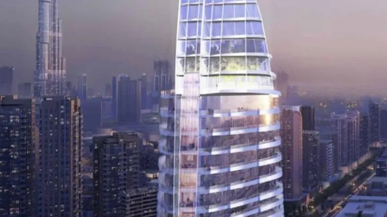 Architektonische Visualisierung eines modernen Hochhauses mit Blick auf die Stadt und den Burj Khalifa.