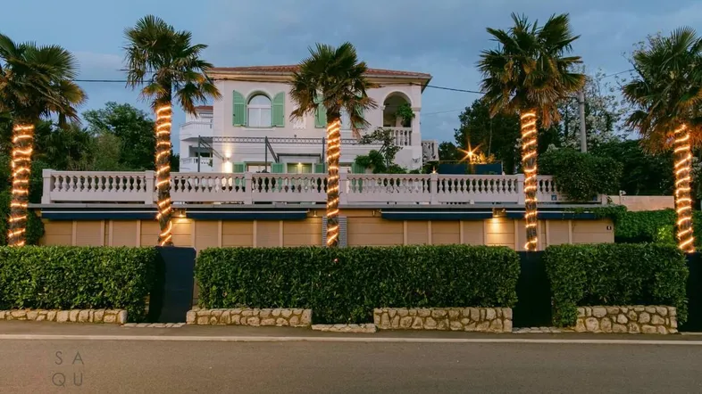 Elegante Villa bei Dämmerung mit beleuchteten Palmen und gepflegter Hecke am Straßenrand.