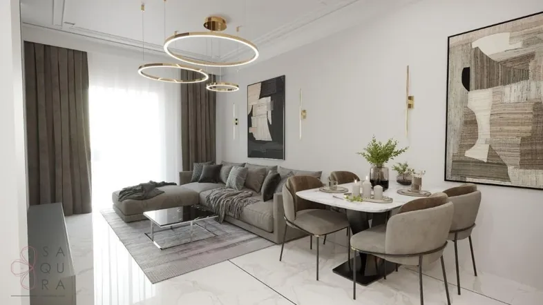 Helles, modernes Wohn-Esszimmer mit eleganten Möbeln, Marmorboden und stilvollen Leuchten.