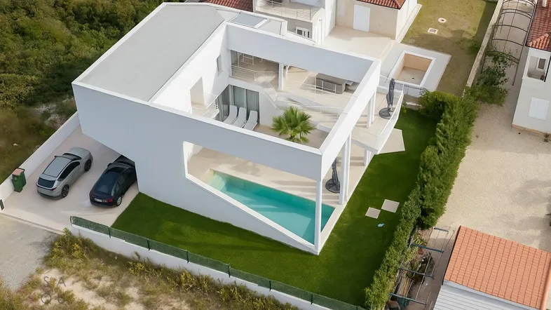 Moderne weiße Villa mit Flachdach, privatem Pool und gepflegtem Gartenbereich.