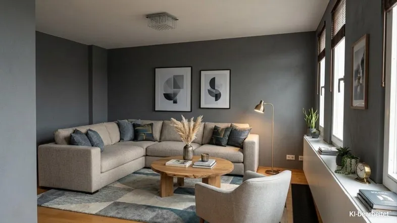Modernes Wohnzimmer mit beigem Ecksofa, Holztisch und dunklen Wänden, hell und stilvoll eingerichtet.