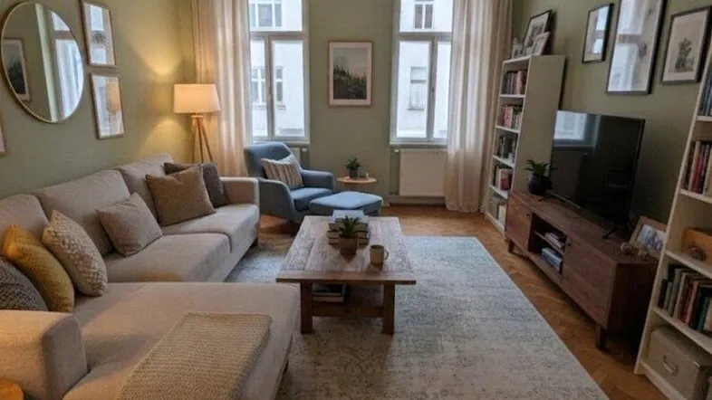 Gemütliches Wohnzimmer mit L-förmigem Sofa, Holzboden und hellgrünen Wänden, ausgestattet mit Bücherregalen und einem Fernseher.
